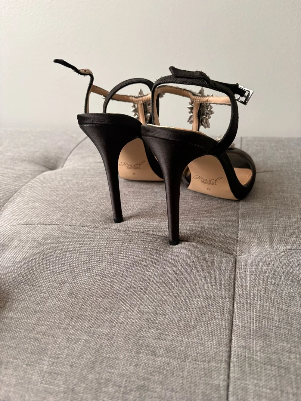 Black T-Strap Crystal Embellished Women's Heels